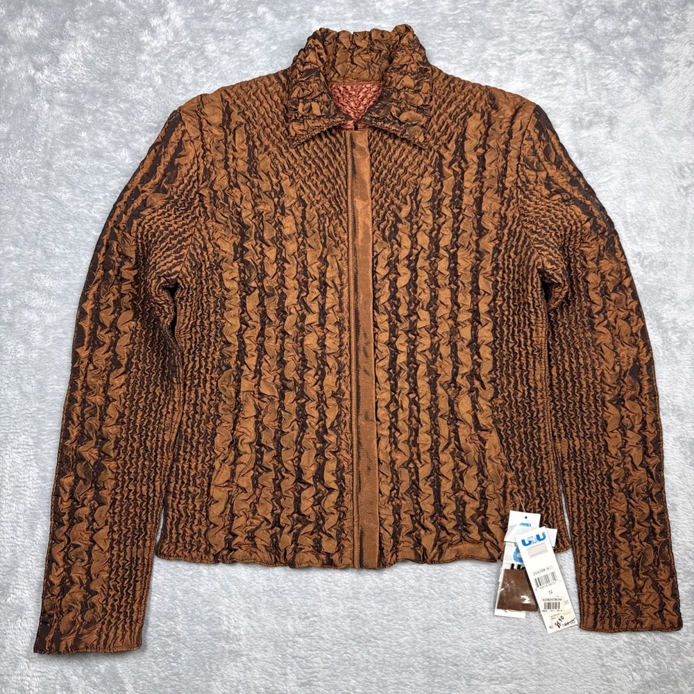 UBU Textured Crinkle Jacket Women Small Brown Orange Reversible Zip Iridescent